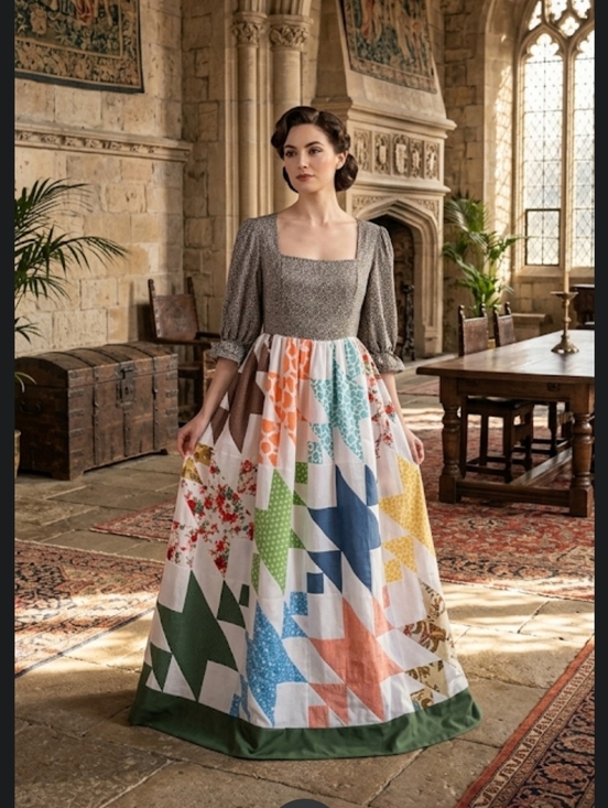 Upcycled Dresses & Skirts - Vtg quilt top Maxi Dress S-M upcycled handmade Old Maids Puzzle